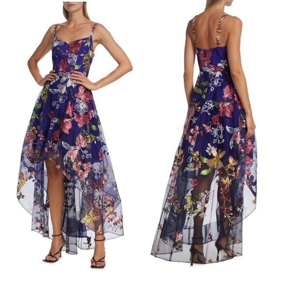 Marchesa Notte Asymmetric Floral Embroidered Gown Dress Hi-Low Tulle Skirt NWT - Picture 1 of 12